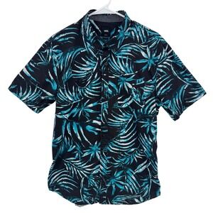 Vans Mens Tailored Fit Short Sleeve Button Down Shirt Teal Black Palm Leaf Med